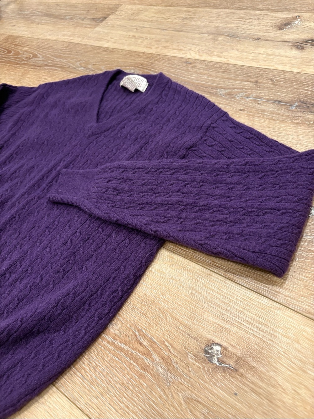 Heather & Tweed Classic Cable V-Neck Sweater in Plum- Wool and Nylon Blend- S